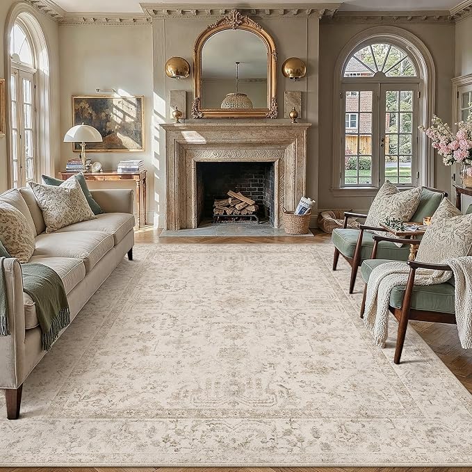 9x12 Beige Neutral Living Room Area Rug | Washable, Low Pile, Accent, Vintage, Soft, Non Slip, Large Carpet for Bedroom Dining Room Nursery Indoor Home Decor