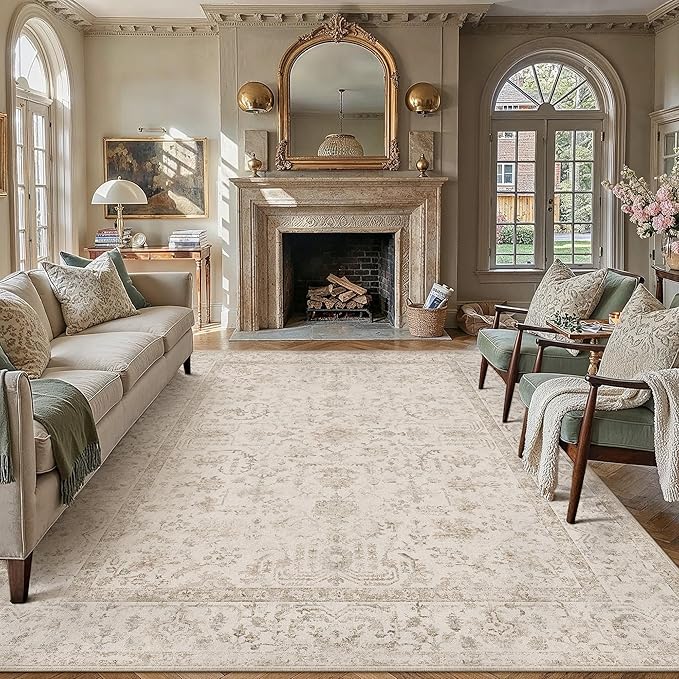 8x10 Beige Neutral Living Room Area Rug | Washable, Low Pile, Accent, Vintage, Soft, Non Slip, Carpet for Bedroom Dining Room Nursery Office Indoor Home Decor