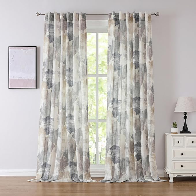 Kayne Studio Boho Geo Semi Sheer Curtain Panels Curtains,Blue Tan Watercolor Print Light Filtering Farmhouse Drapes for Living Room Bedroom, Back Tab Rod Pocket Window Treatment,W52 x L95,Brown,2 PK