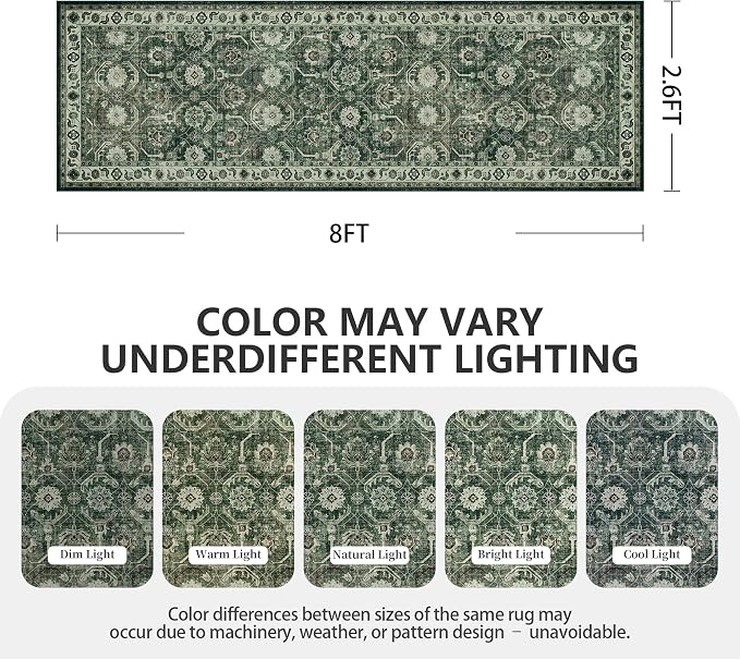 Runner Rug, Washable Non Slip Low Pile Kitchen Runner, Soft Boho Modern Rug for Hallways, Bedroom, 2'6"x 8, Sage Green