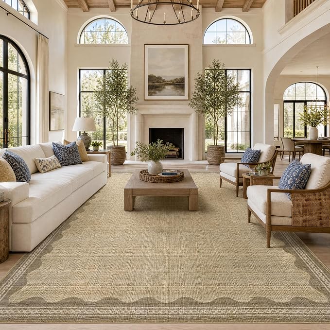 GarveeHome Scalloped Washable Rugs 9x12 Rug for Living Room Non-Slip Solid Tan Jute Digital Printing Modern 9 x 12 Rug Low-Pile Carpet for Bedroom Dining Nursery Mat with Rubber Back