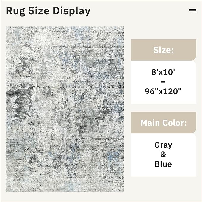 Soalmost Abstract Rug 8x10 Large Living Room Rugs Neutral Modern Washable Area Rugs for Bedroom Dining Room Non-Slip Stain Resistant Foldable Thin Rug Gray Blue