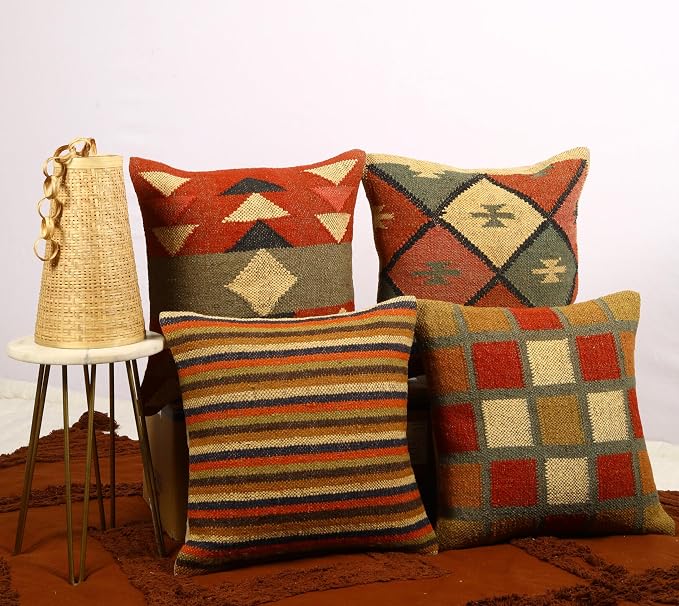 Trade Star 70% Jute 30% Wool Pillow Shams Ethnic Rug Pillow Covers Set of 4 Kilim Cushion Covers Handloomed Decorative Throw Pillow Cover Handwoven Pillowcase (Kilim 3)