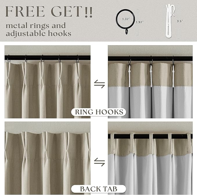Burlywood Birch Pleated Blackout Linen 90 Inch Long Curtains 60 Inch Wide | 100% Black Out, Memory Trained, Pinch Pleat with Back Tab, Energy Efficient, Thermal Insulated Neutral Drapes W60xL90 1 Panel