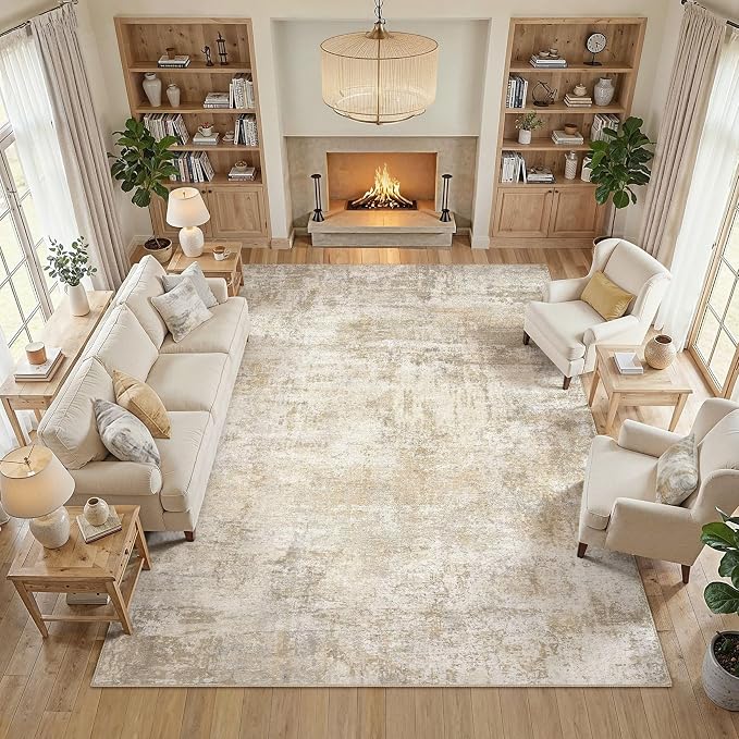 cotiled 10x12 Area Rug Abstract Soft Non Slip Washable Rugs for Living Room | Stain Resistant, Robot Vacuum & Pet Friendly, Low-pile, For Living Room, Bedroom, Dining Table, Nursery Beige