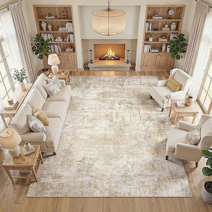 cotiled 9x12 Rugs for Living Room Abstract Soft Non Slip Washable Area Rug | Stain Resistant, Robot Vacuum & Pet Friendly, Low-pile, For Living Room, Bedroom, Dining Table, Nursery Beige