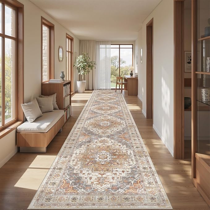 2'6" x 16'Non Slip Runner Rugs - Runners for hallways, Kitchen,Entryway,Stain Resistant Washable Rugs for Bedroom, Indoor Vintage Area Rugs (Turmeric/Grey,2'6" x 16')