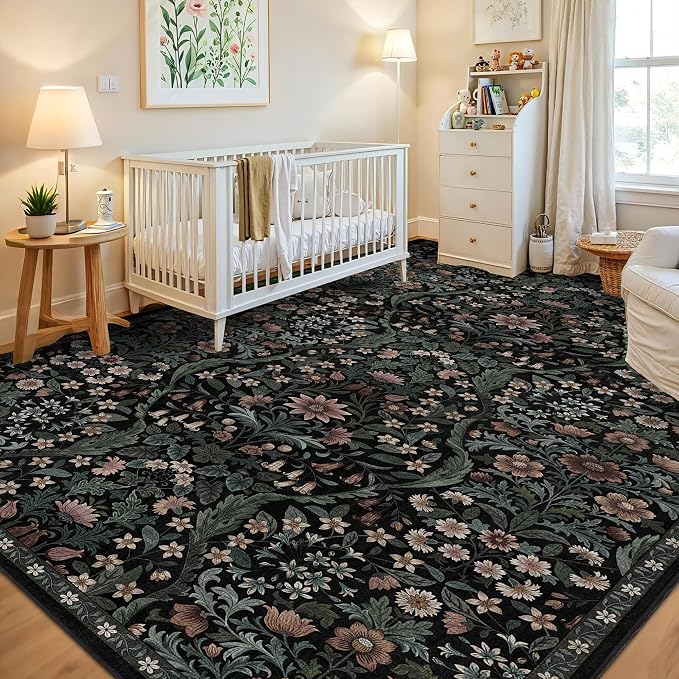 5×8 Black Washable Floral Area Rug,Vintage Boho Soft Low-Pile Living Room Rugs, Stain Resistant Botanical Non-Slip Carpet for Bedroom,Dining Room, Kids Nursery,Home Decor