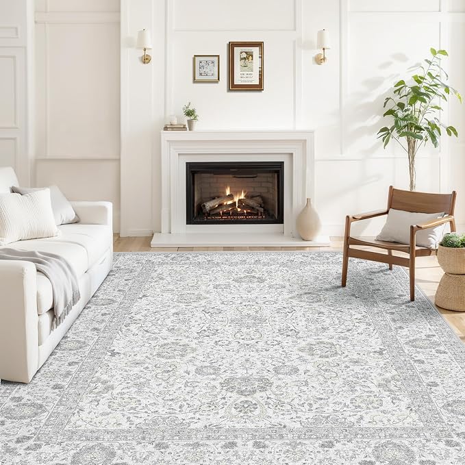 Boho Washable Area Rug Neutral Grey 5x7 Rugs for Living Room, Floral Modern Bedroom Rug Indoor Carpet for Dining Room Kids Room Playroom