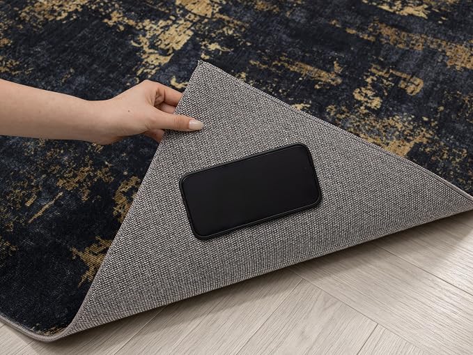 Sasttie 2x6 Soft Runner Rug for Entryway, Modern Abstract Washable Carpet for Hallway, Kitchen and Laundry Room, with Non-Slip Backing, Black and Gold