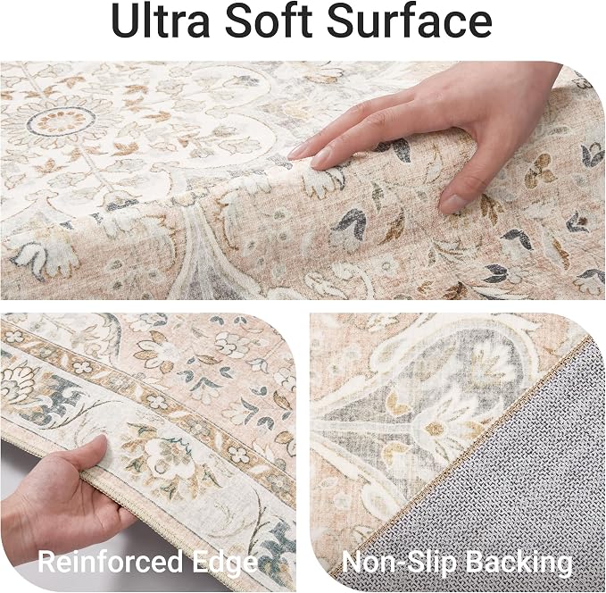 befbee 5x7 Area Rugs for Living Room,Stain Resistant Washable Rug,Non-Slip Backing Rugs for Bedroom,Kitchen,Printed Vintage Home Decor Rug (Peach/Gray, 5'x7')