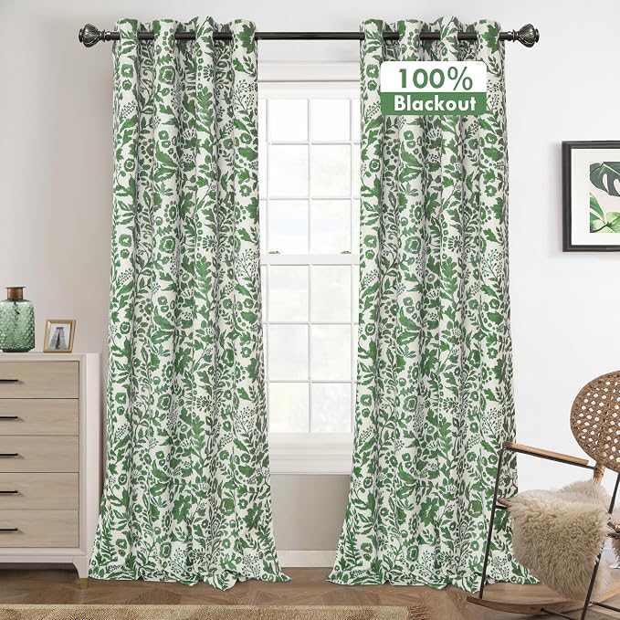 DriftAway Julia 100% Blackout Curtains Grommet 2 Panels, W52xL84, Green | Floral Curtains, Bedroom, Living Room, Linen Blend, Watercolor Pattern, 2 Layers, Thermal Insulated, Window Treatment