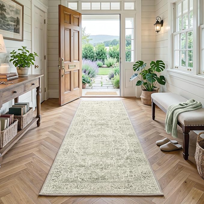 FMFUNCTEX 2x6 Runner Rug Green Neutral Washable Distressed Oriental Vintage Non Slip Low Pile Indoor Carpet Retro Hallway Entryway Rug for Kitchen Living Room Bedroom Bathroom Laundry Entry Bedside