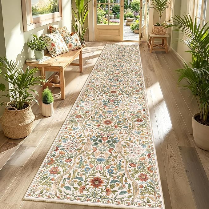 2x10 Washable Runner Rug,Beige Floral Boho Area Rug for Hallway,Low-Pile Non-Slip Stain Resistant Carpet for Kitchen, Bedside,Laundry Room,Entryway