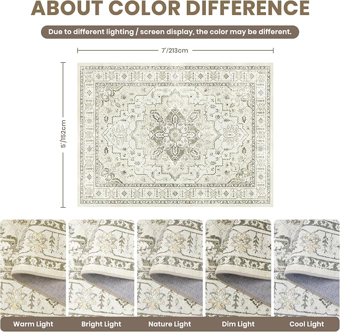 zesthome 5x7 Area Rugs, Machine Washable Rugs for Living Room, Bedroom,Stain Resistant Vintage Large Area Rug,Non-Slip Medallion Pattern Home Decor Rugs (Beige,5'x7')