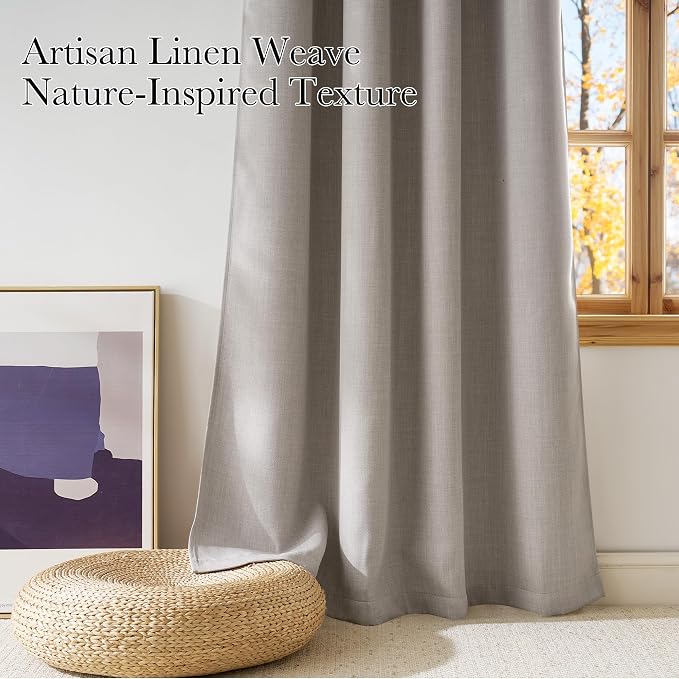 NICETOWN Angora Faux Linen Room Darkening Rod Pocket Curtains 63 inch Length, W42 x L63, Light Blocking Thermal Insulated Noise Reducing Drapes for Bedroom Living Room Farmhouse Decor, 2 Panels