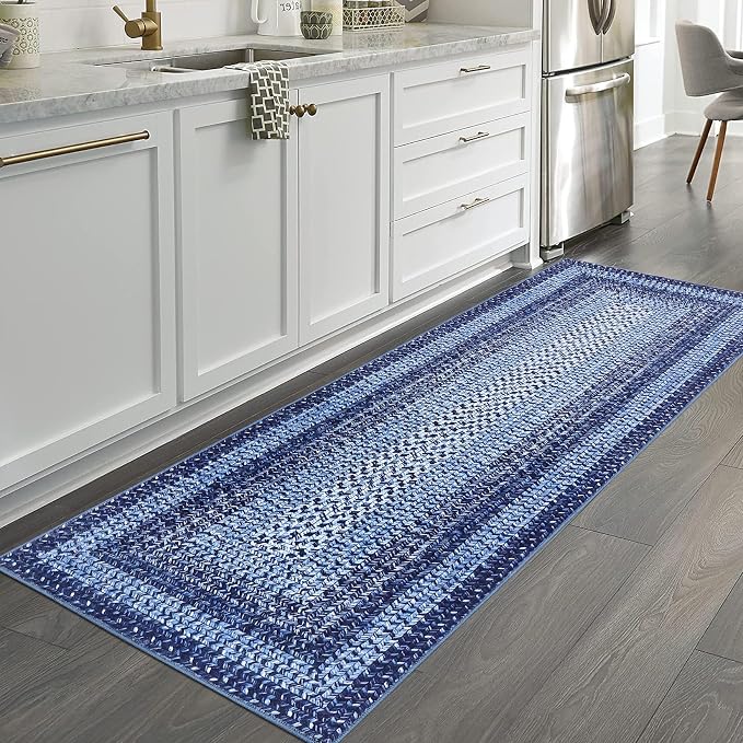 RUGSREAL 2x6 Runner Rug Braided Print Hallway Runner Rug Boho Rug Machine Washable Throw Floor Cover Non Slip Moroccan Carpet for Kitchen Farmhouse Rustic Runner for Living Room Bedroom, Navy