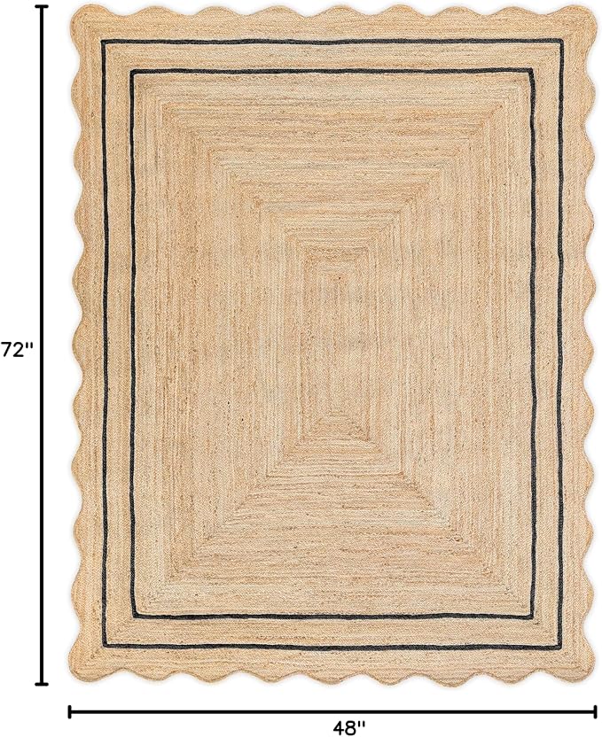 Wave Scalloped Natural Jute Boho Entryway Runner Farmhouse Scallop Rug, Black (4'x6')
