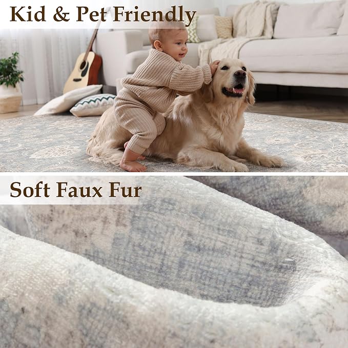 6x9 Blue Cream Washable Area Rug for Living Room Bedroom Neutral Floral Soft Non Slip Rug Medium Pile Thicker Distressed Carpet for Dining Room Nursery Office Indoor