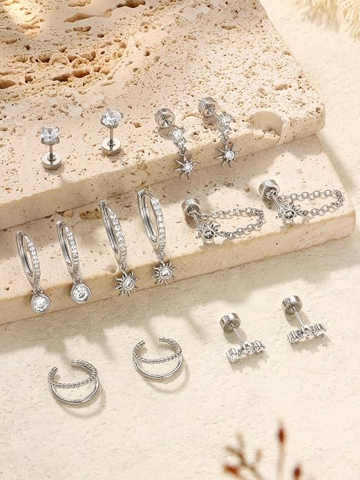 Dochais Flat Back Cartilage Earrings for Women Trendy Dainty CZ Flatback Studs Earing Sets 14k Gold Plated Hypoallergenic Huggie Hoops Earring Stacks for Multiple Piercing