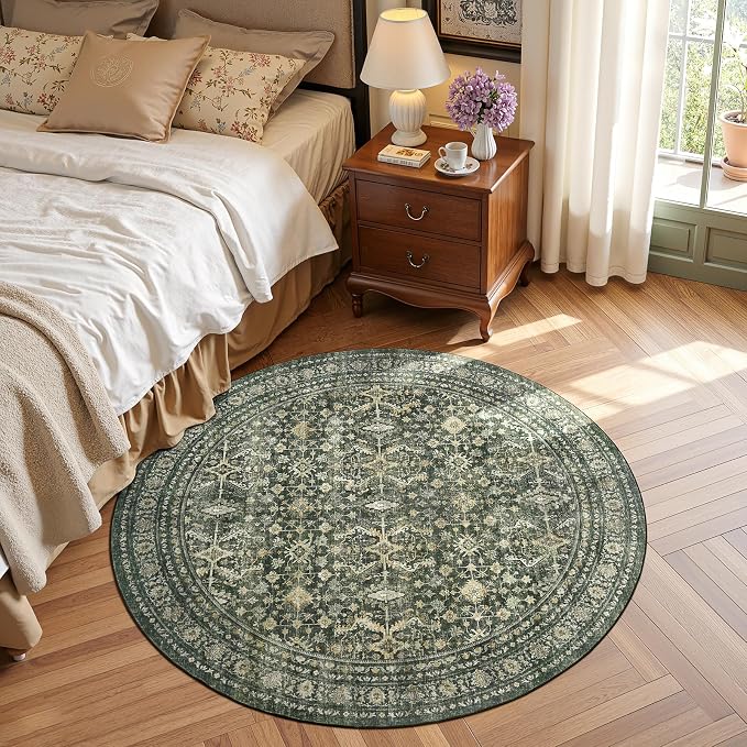 Lofus 4ft Area Rugs for Living Room, Green Washable Area Rug with Non-Slip Backing,Soft Boho Carpets for Bedroom Dining Room Home Office Indoor Nursery