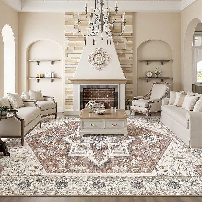 Area Rug 10x14 for Living Room - Washable Oriental Vintage Floral Distressed Large Indoor Carpets with Non Slip Back for Bedroom Dining Room Nursery Office Home Decor -Terracotta/Brown
