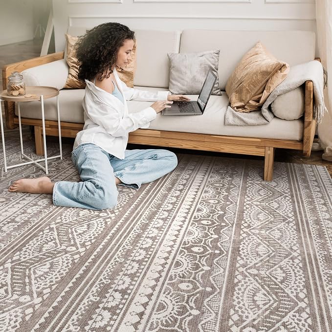 Tortania Area Rug Living Room Rugs - 6x9 Washable Large Soft Neutral Boho Moroccan Bohemian Farmhouse Rug Indoor Floor Carpet for Bedroom Under Dining Table Home Office Decor - Dark Brown