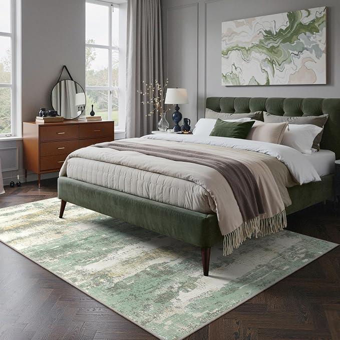 GENIMO 4x6 Rug for Entryway Washable Area Rug, Modern Abstract Small Throw Rugs for Entrance Living Room, Bedroom Beside Non-Slip Low Pile Lightweight Soft Carpet, Light Green