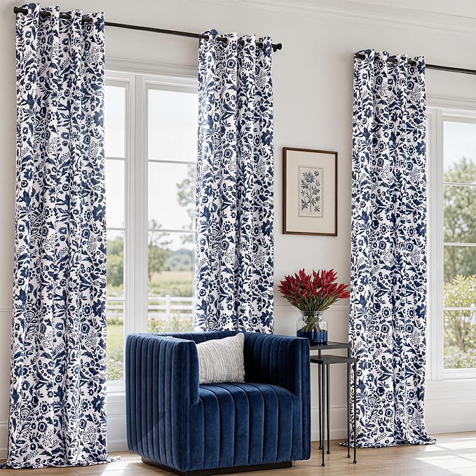 DriftAway Julia Blackout Curtains Grommet 2 Panels, W52xL84, Navy | Floral Curtains, Bedroom, Living Room, Room Darking, Watercolor Pattern, 2 Layers, Thermal Insulated, Window Treatment