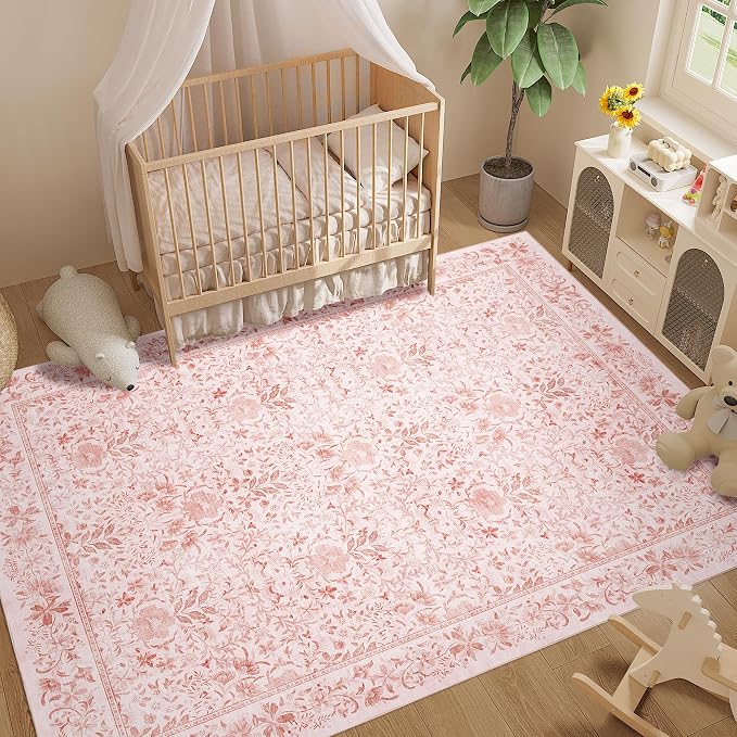 DUKINO 8x10 Area Rugs, Vintage Floral Washable Rug for Living Room, Pink | Non Slip, Low Pile, Non-Shedding, Stain Resistant, Aesthetic Soft Indoor Large Carpet for Bedroom, Dining Room, Farmhouse