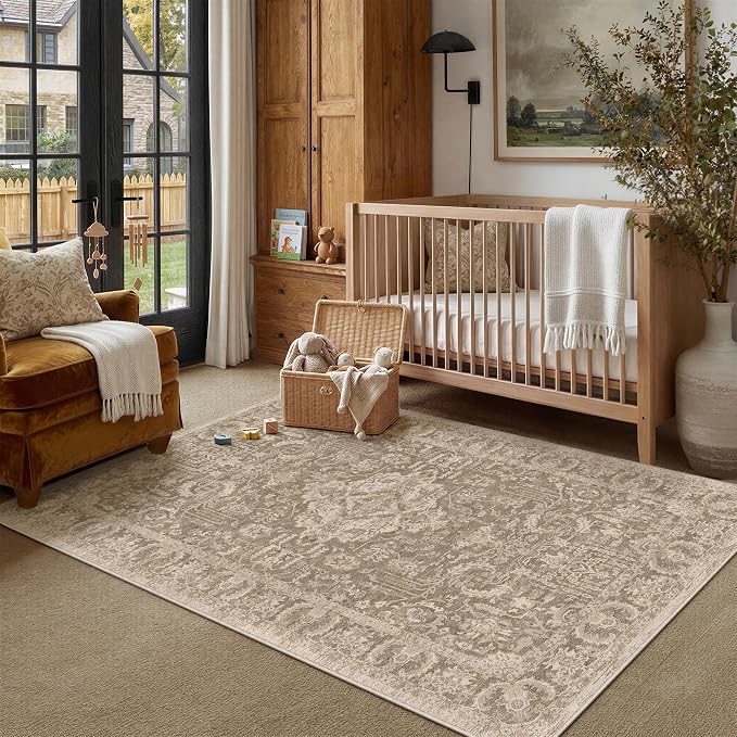 HUGEAR 3x5 Entryway Rug Taupe Machine Washable Rug Small Area Rugs Room Decor Distressed Vintage Indoor Mat Non Slip Low Pile Carpet for Kitchen Living Bedroom Soft Lightweight