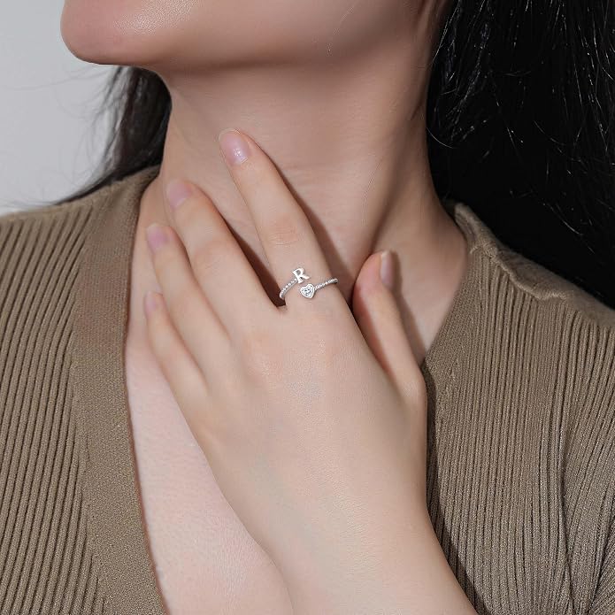 Step Forward 925 Sterling Silver Adjustable Initial Ring for Women | Non Tarnish Letter Rings for Lady | Alphabet Heart Thumb Rings | Capital Letter Jewelry Gifts