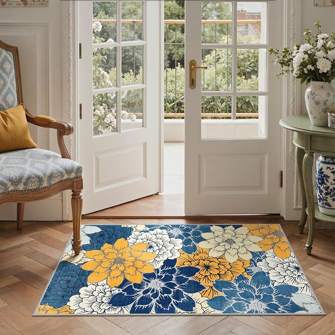 GENIMO 3x5 Outdoor Rug, Washable for Porch and Balcony, Blue | Floral design for entryway; fade resistant chenille with quick-dry non-slip backing for indoor mudroom