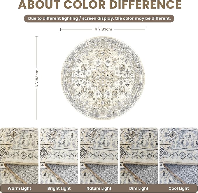zesthome Washable Round Area Rugs - Non-Slip 6ft Round Rugs, Ultra-Thin Large Circle Rugs for Living Room, Soft Low Pile Rug for Bedroom, Kitchen, Nursery - Vintage Stain Resistant Round Rug