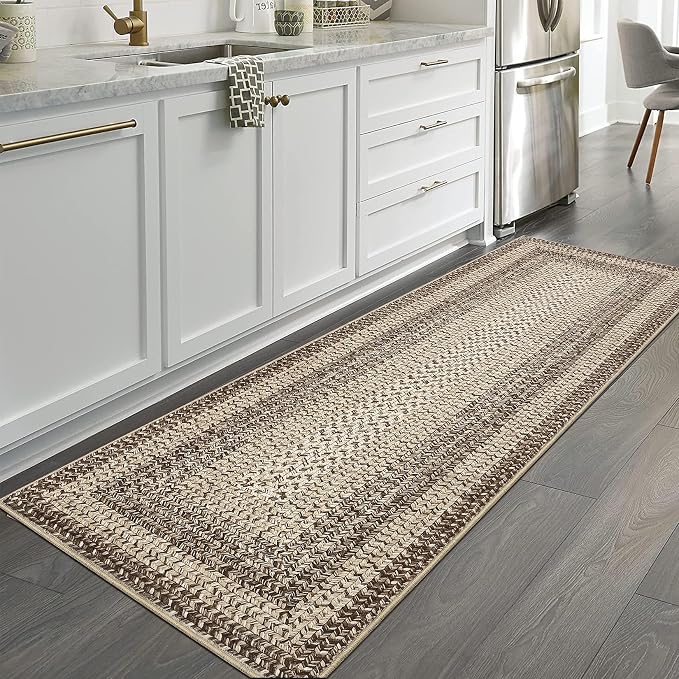 Runner Rug 2x8 Machine Washable Hallway Runner Rug Entryway Long Runner Carpet Braided Printed Throw Mat Non Slip Kitchen Mat Living Room Rustic Carpet for Bedroom Dining Room, Camel