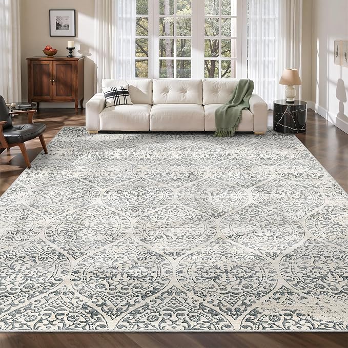 Soalmost 10x14 Area Rug for Living Room, Washable Moroccan Trellis Soft Rug | Stain Resistant Non-Slip Low Pile Natural Extra Large Carpet for Dining Room Bedroom Home Office Nursery Grey, 10'x14'