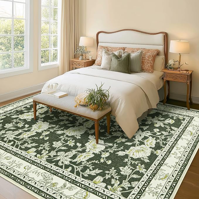 BILEEHOME Floral Area Rug for Bedroom 5x8 Olive Green and Cream Beige Vintage Boho Floral Sketch Style, Washable Low Pile Non Slip Area Rugs for Nursery Living Dining Room, Cozy Aesthetic Home Decor