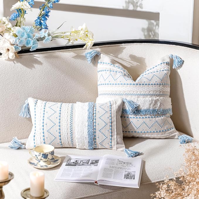 BlissBlush 18X18 Throw Pillow Cover, Coastal Blue Square Decorative Cushion Cover, Boho Accent Pillowcase with Tassels for Couch Sofa Living Room (Cover Only)