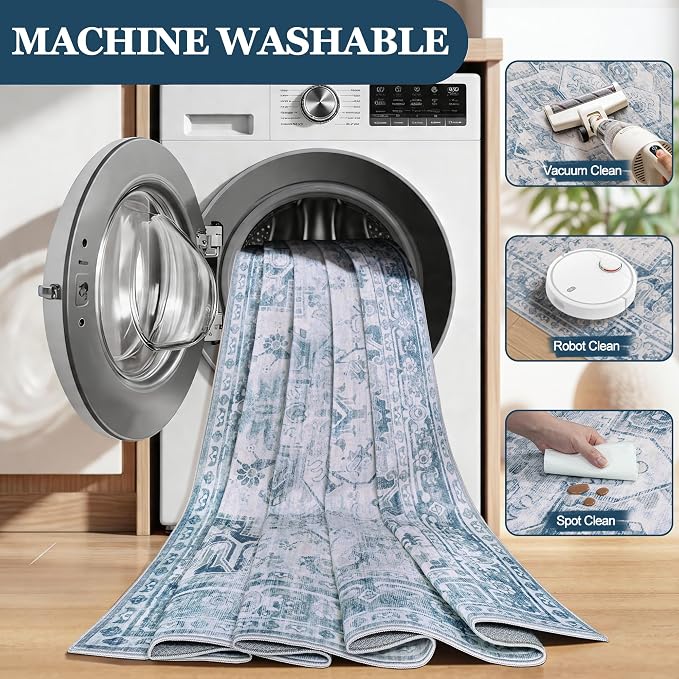 5x7 Area Rugs for Living Room:Blue Washable Vintage Medallion Boho Rug Non-Slip No Slip Stain Resistant Soft Low Pile Large Rugs Indoor Retro Carpet for Bedroom Nursery Dining Office (Blue Grey 5'x7')