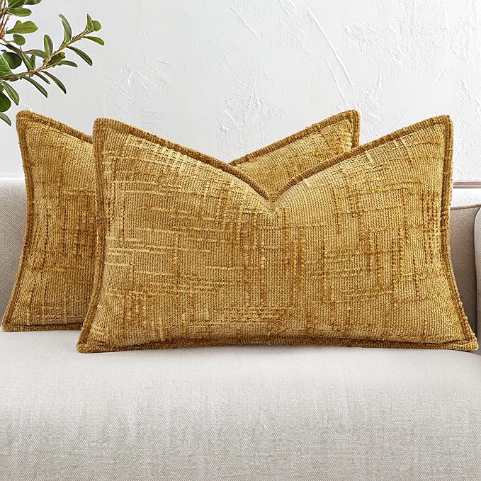 decorUhome Chenille Fall Throw Pillow Covers 12x20 Set of 2,Mustard Yellow | Soft Texture, Slubby Modern Design, Flange Edges, Cozy Lumbar Accent Pillow Covers for Couch, Sofa, Bed, Living Room