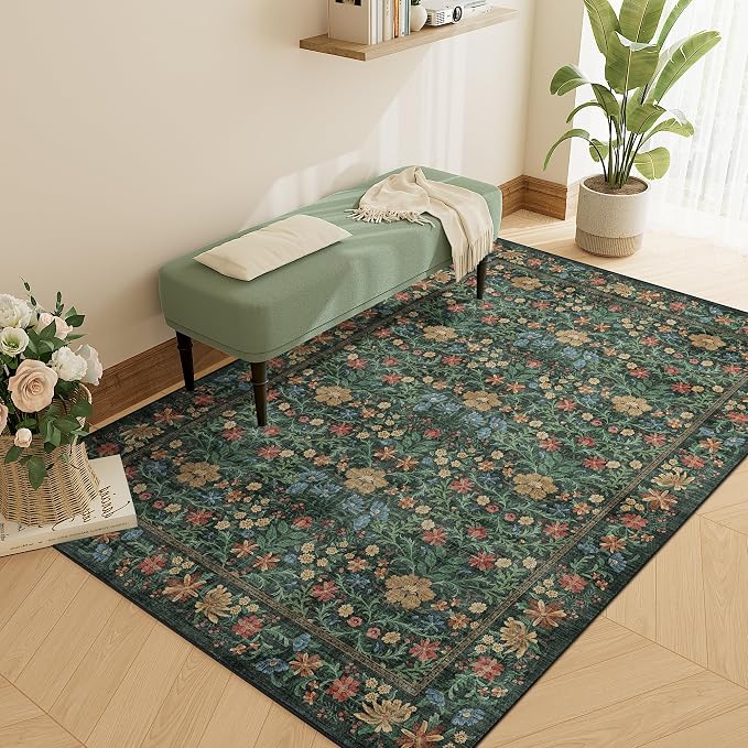 DUKINO 3x5 Rug, Washable Vintage Floral Bedroom Area Rug Non Slip, Green | Low Pile, Non-Shedding, Aesthetic Lightweight Soft Indoor Small Carpet for Bathroom Entryway Living Room Office Farmhouse