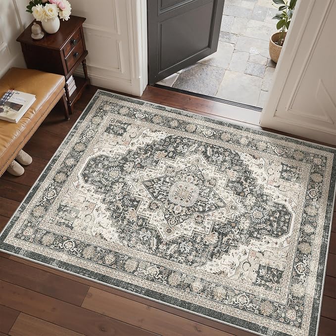 Roxstand 3x5 Washable Area Rug, Small Non Slip Rug, Black/Beige | Non-slip Backing, Low-Pile, Stain Resistant, Pet Friendly, For Living Room, Bedroom, Dining Room, Nursery