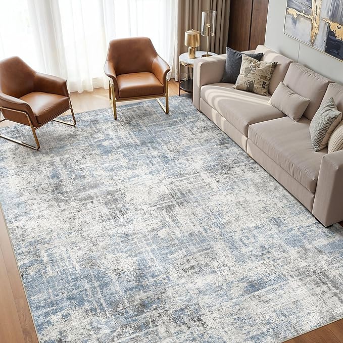 Washable 5x7 Area Rug for Living Room - Modern Abstract Carpet with Non-Slip Backing, Low Pile & Soft, Stain Resistant, Kid & Pet Friendly Decor for Bedroom & Dining Room - Blue Grey