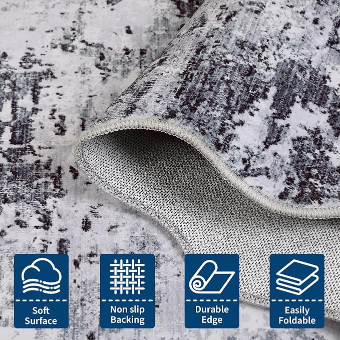 ROYHOME 5x7 Modern Abstract Scalloped Area Rugs Faux Wool Rug Ultra-Soft Low Pile Stain Resistant Machine Washable Carpet for Bedroom with Non Slip Backing, Grey