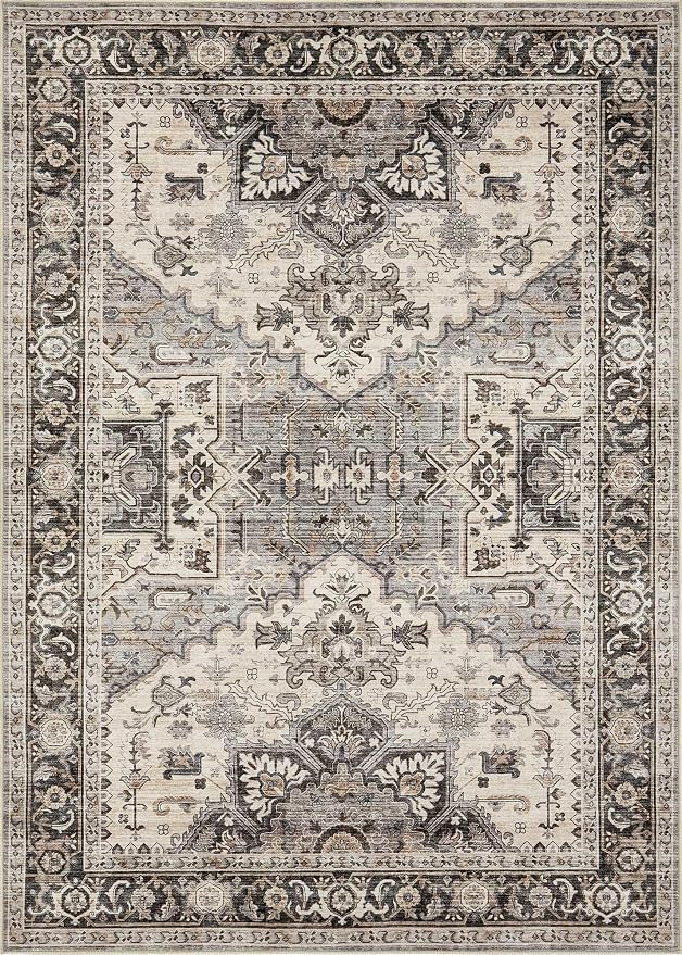 Area Rug for Living Room - 7x9 Soft Washable Oriental Vintage Floral Distressed Large Carpet - Fade Stain Resistant Non Slip Rugs for Bedroom Dining Room Nursery Dorm Office Home Decor - Brown