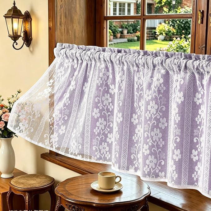 ASPMIZ Linen Valances for Windows Double Layer Valance Curtains with Lace Overlay, Purple Kitchen Curtains Light Filtering, Rod Pocket Window Valances for Living Room, Kitchen, Cafe, Bathroom, 52x18