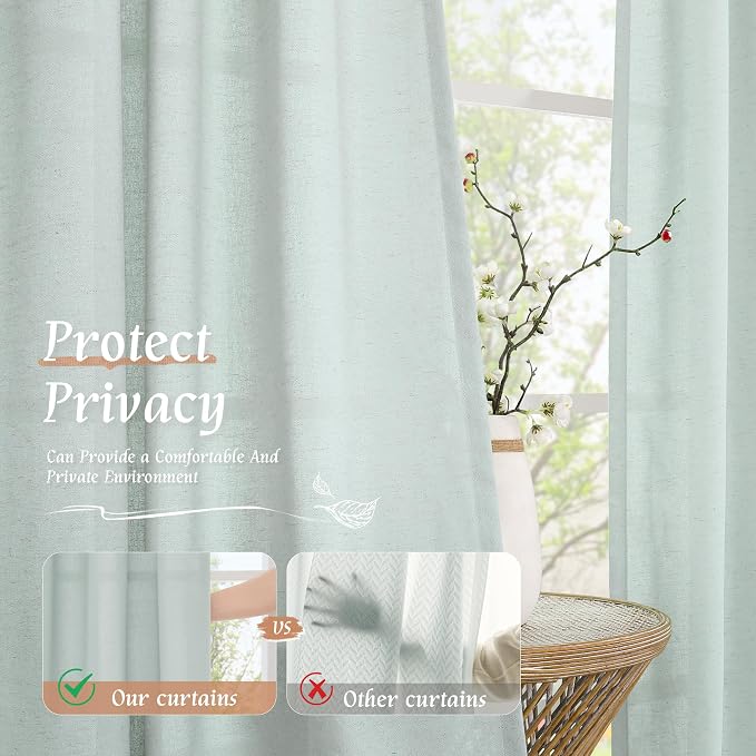 LAMIT 48 Inch Short Window Linen Curtains, Soft Faux Linen Light Filtering Panels Rod Pocket Neutral Drapes for Cafe/Bathroom/Loft Room, Light Blue, 2 Panels, 42 x 48 Inch