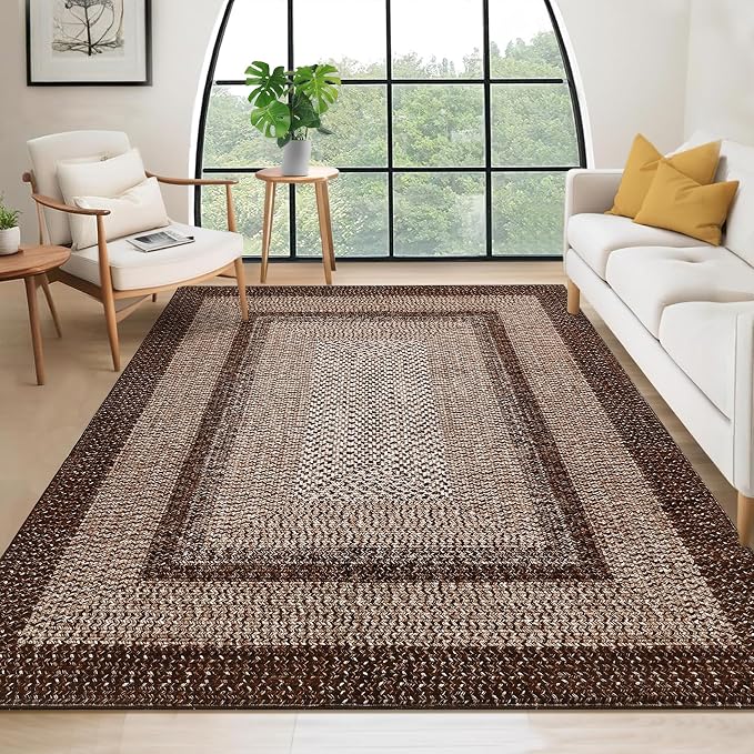 RUGSREAL Boho Rug 4x6 for Bedroom Machine Washable Rug Braided Print Floor Cover Indoor Non Slip Throw Carpet Farmhouse Rustic Accent Rug Moroccan Carpet for Living Room Home Decor, Brown