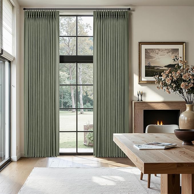 Sage Green Pinch Pleated Linen Curtains 84 Inches Long for Living Room Bedroom with Rings Hooks Clips Back Tab Semi Sheer Curtains Light Filtering Boho Farmhouse Drapes Light Green