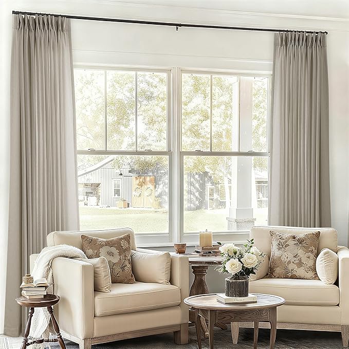 Extra Wide Semi Sheer Linen Curtains 96 Inches Long 72 Inch Wide | Taupe Burlywood Birch, Farmhouse Drapes, for Patio Sliding Glass Door, Large Windows Curtain, 72x96 Curtains, Hooks Rings